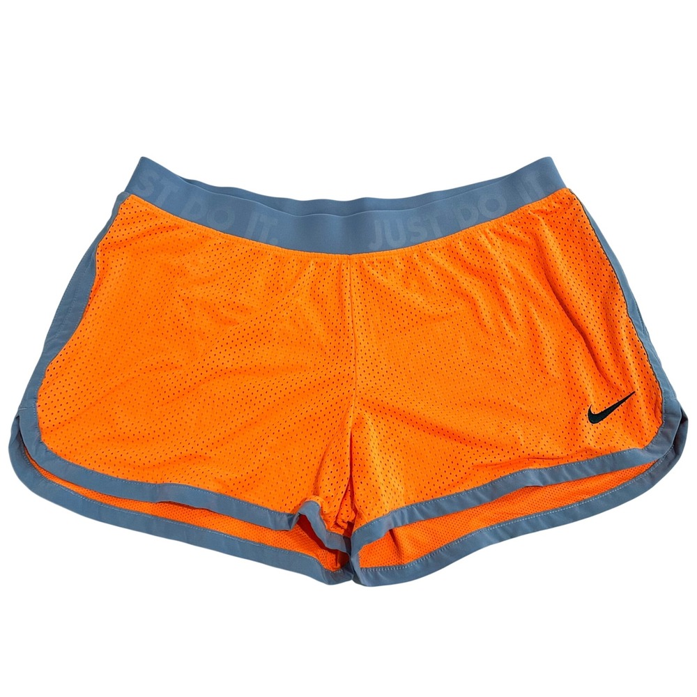 Nike Dri-FIT Mesh Running Shorts Women's Large Orange Blue Just Do It Waistband